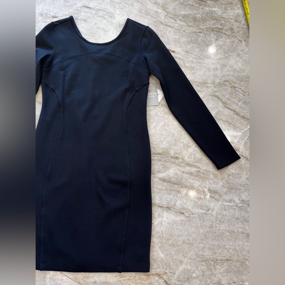 NEW Athleta Illusion Ponte Knit Black Long-Sleeve Dress Small LBD Athleisure - Picture 5 of 12